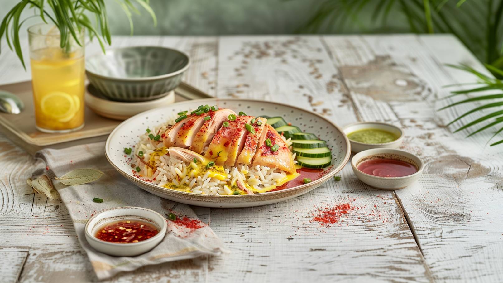 Ein Teller mit gebratenem Hähnchen, geschnitten in Scheiben, serviert mit gedämpftem Reis. Dazu frische Gurkenscheiben, Karottenwürfel und frische Kräuter. In der Mitte befindet sich eine Schüssel mit einer würzigen Sauce.