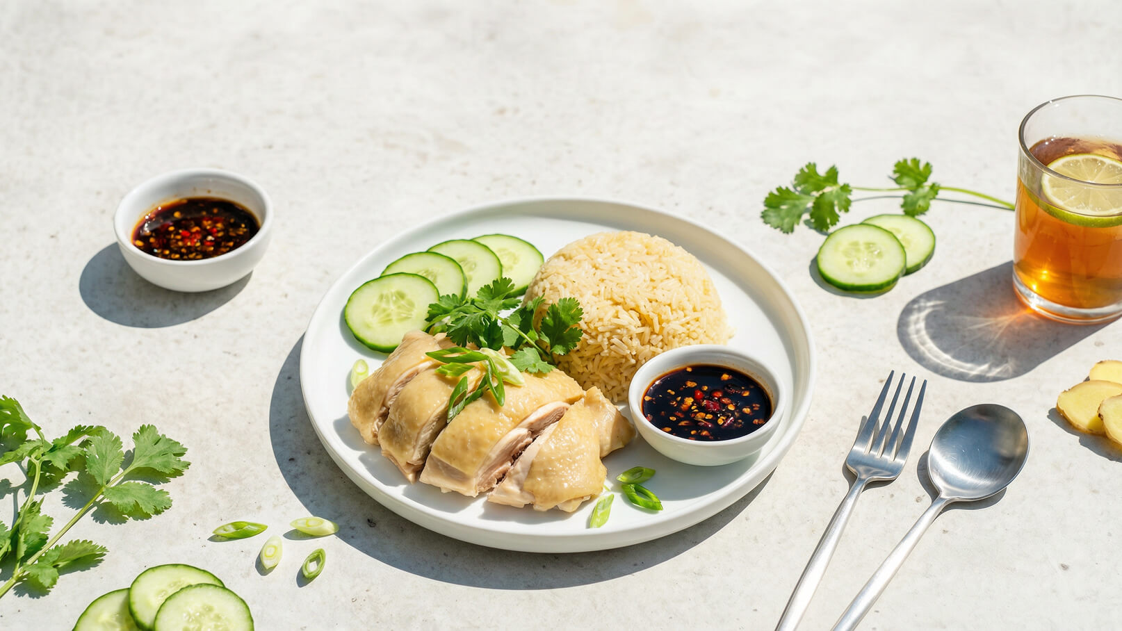Ein Teller mit zartem Hühnchen, serviert mit Reis und frischen Gurkenscheiben. Daneben befinden sich zwei Schalen mit Sauce, einer Kräuterbeilage und farbenfrohen Gewürzen. Ein Glas mit einem Getränk ist ebenfalls zu sehen.