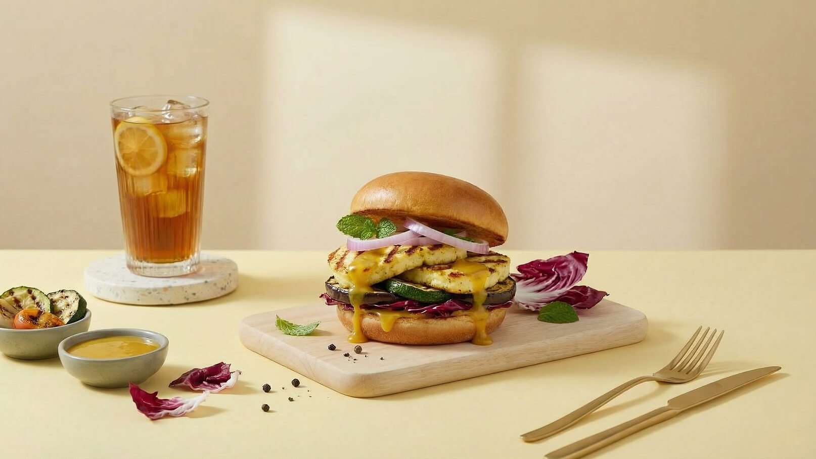 Ein saftiger Burger mit gegrilltem Gemüse, Käse und roten Zwiebeln, garniert mit frischer Minze. Der Burger liegt auf einem Holzbrett, umgeben von buntem Salat. Im Hintergrund steht ein Glas Eistee mit Zitronenscheiben.