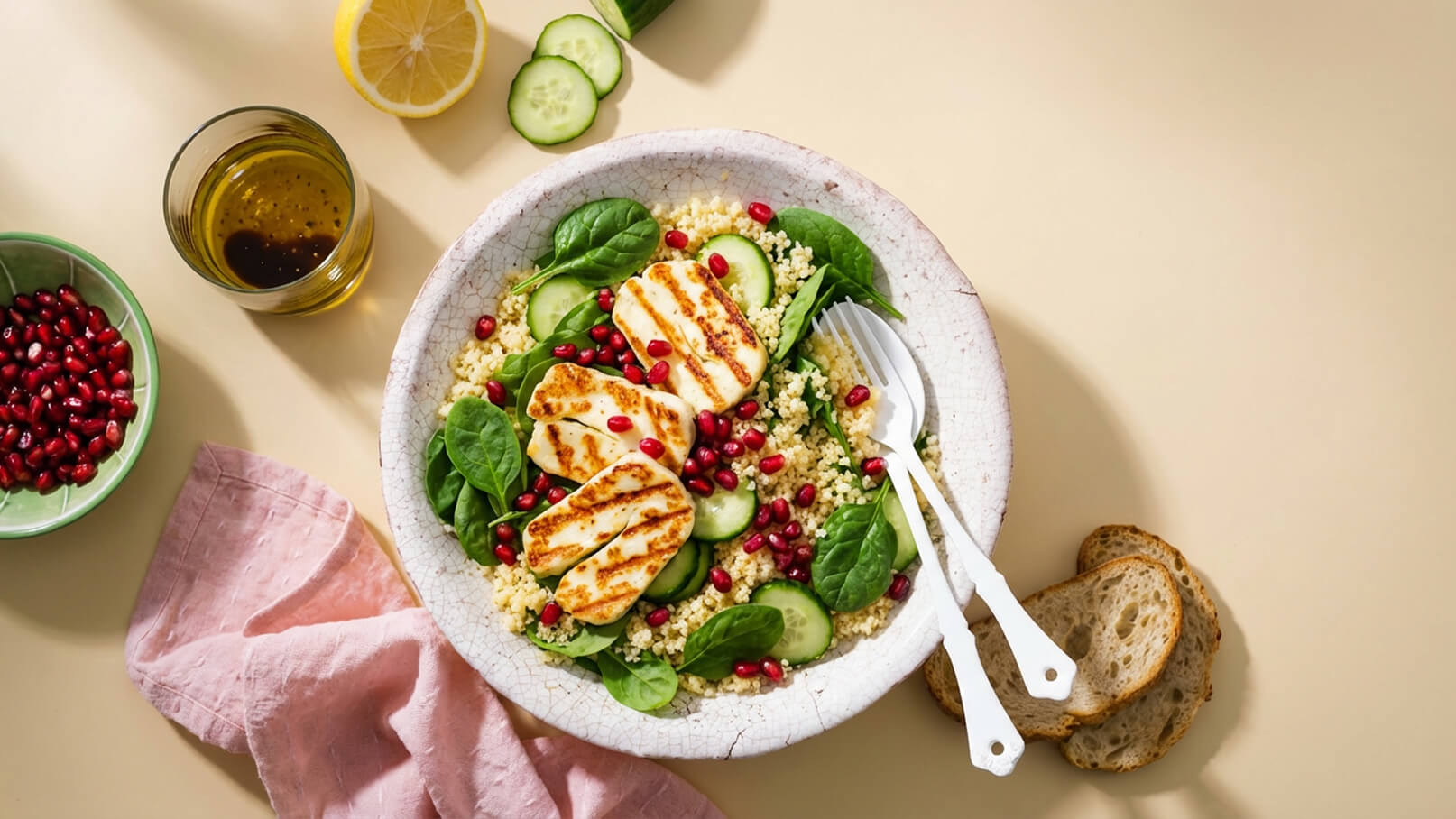 Eine Schüssel mit Quinoa-Salat, garniert mit Spinat, Gurkenscheiben und Granatapfelkernen. Obenauf liegen gebratene Halloumi-Stücke. Neben der Schüssel sind ein Glas Olivenöl, ein Stück Zitrone und ein paar Scheiben Brot zu sehen.