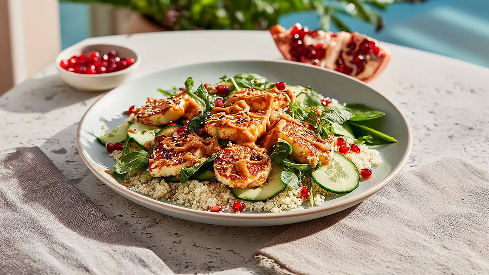 Ein Teller mit gegrilltem Halloumi-Käse auf einem Bett aus Couscous, garniert mit frischem Spinat, Gurkenscheiben und Granatapfelkernen. Die Farben sind lebhaft und ansprechend, und das Gericht wirkt frisch und einladend.