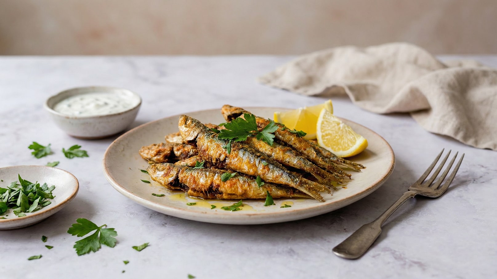 Auf dem Bild sind goldbraun gebratene Sardinen auf einem Teller zu sehen, garniert mit frischer Petersilie und Zitronenscheiben. Neben dem Teller befindet sich eine Schüssel mit weißer Sauce und ein kleiner Teller mit gehackter Petersilie. Der Hintergrund ist hell und neutral.