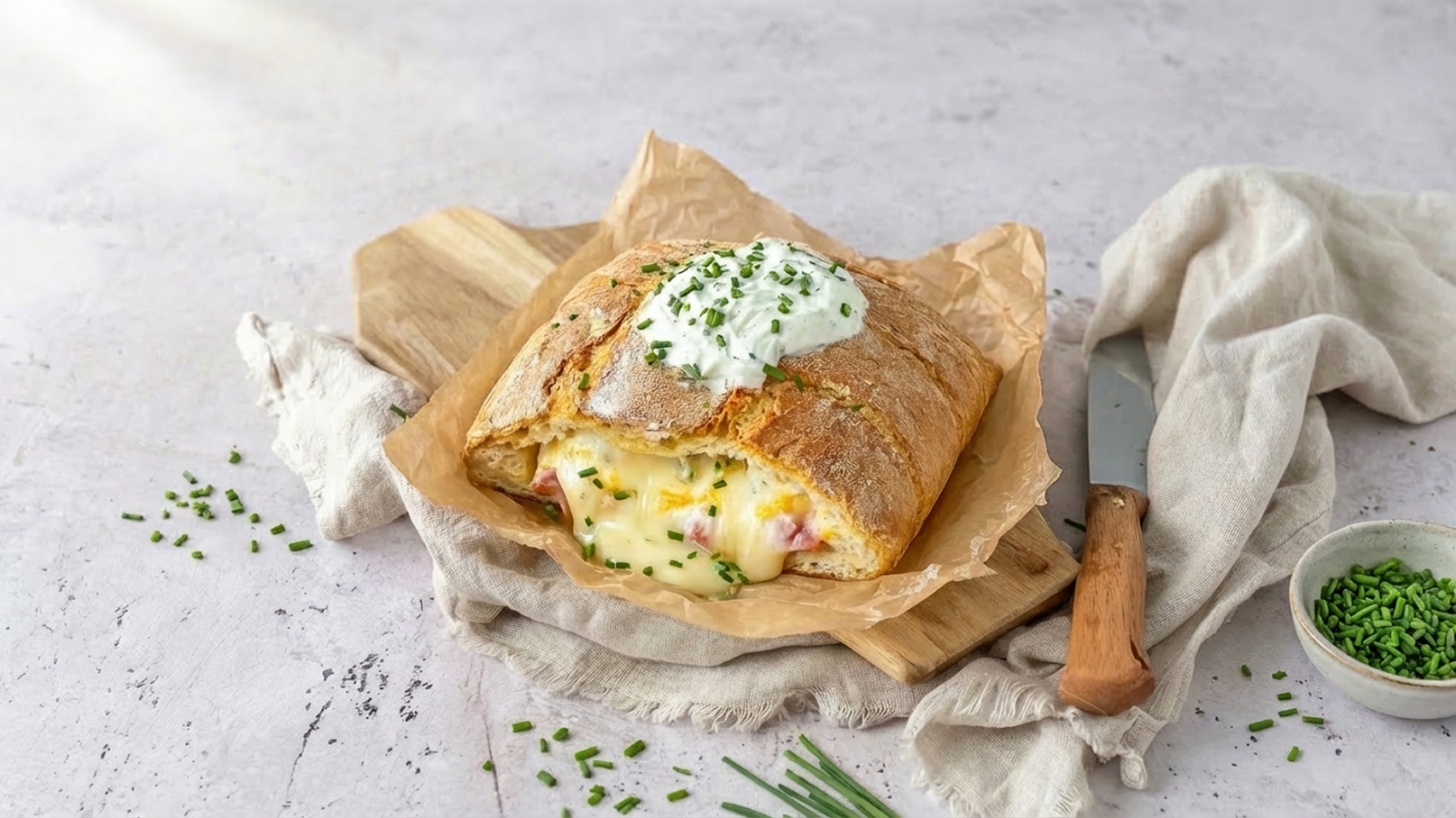 Ein frisch gebackenes Brot, gefüllt mit schmelzendem Käse und Stückchen Schinken, liegt auf einem Holzbrett. Obenauf befindet sich ein Klecks Kräuterquark, garniert mit feingehacktem Schnittlauch. Um das Brot herum liegen einige geschnittene Schnittlauchröllchen.