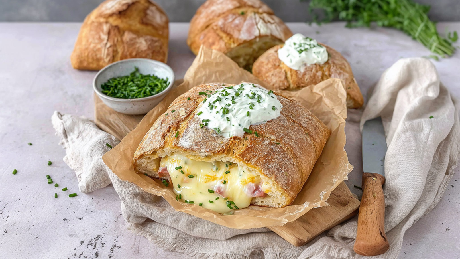 Ein frisch gebackenes Brot mit geschmolzenem Käse und Schinken gefüllt. Obenauf ist ein Klecks Kräuterquark und frischer Schnittlauch. Im Hintergrund sind weitere Brote auf einem Holzbrett zu sehen.