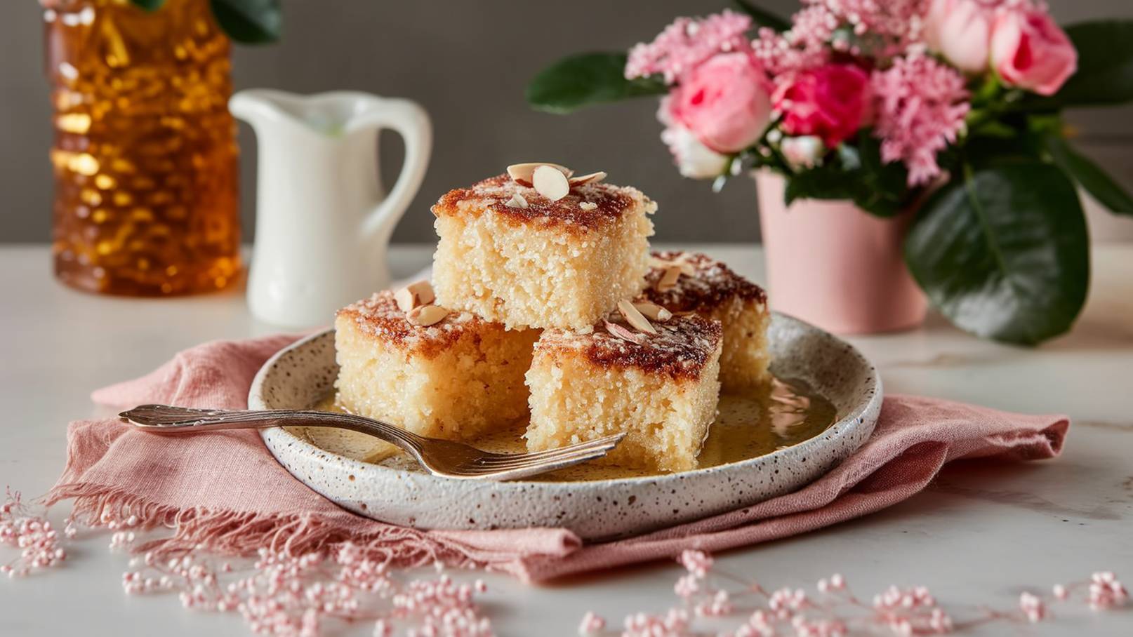 Ein Teller mit vier quadratischen Stückchen süßem Kuchen, garniert mit Mandelscheiben. Daneben liegt ein Löffel auf einer pinken Serviette. Im Hintergrund sind eine Blumenvase und ein Milchkännchen zu sehen.