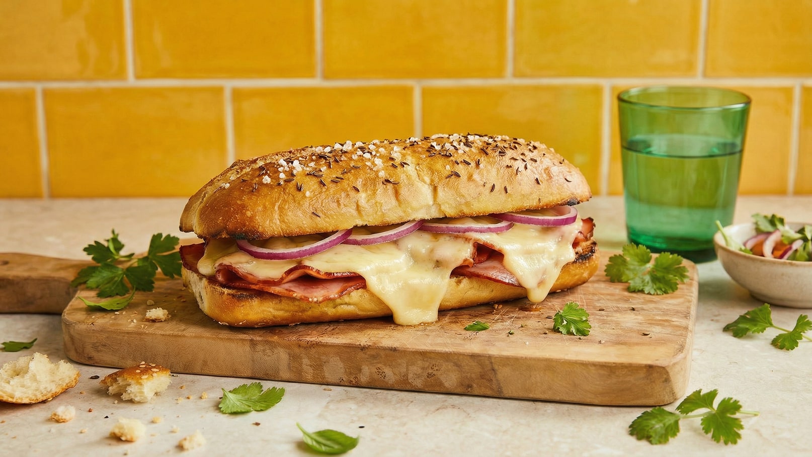 Ein frisch zubereiteter Sandwich auf einem Holzbrett, gefüllt mit geschmolzenem Käse, Schinken und roten Zwiebeln. Der Brötchenoberteil ist mit Sesam bestreut. Im Hintergrund sind ein Glas Wasser und eine kleine Schüssel mit Salat zu sehen.