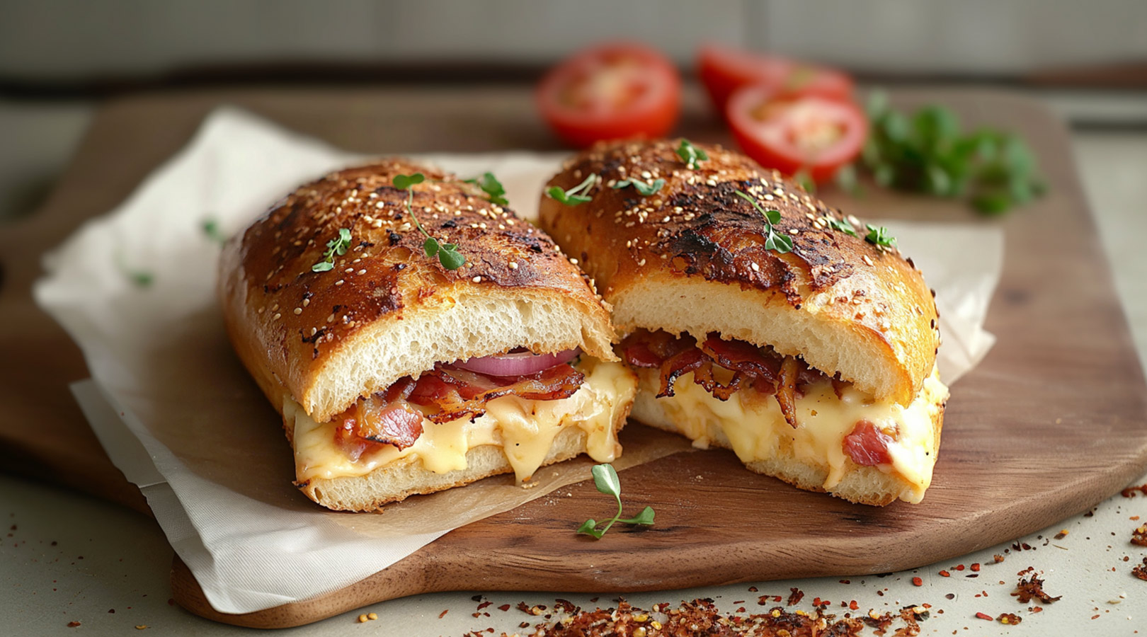 Ein aufgeschnittener Sandwich-Burger mit geschmolzenem Käse, knusprigem Bacon und roten Zwiebeln, garniert mit frischen Kräutern. Der Burger liegt auf einem Holzbrett, im Hintergrund sind einige halbierte Tomaten sichtbar.
