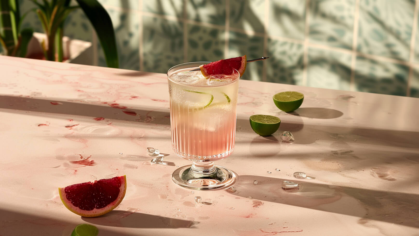 Ein erfrischendes Getränk in einem Glas mit Eiswürfeln, Limettenstücken und einem Stück Blutorange als Garnitur. Der Hintergrund zeigt einen sanften, hellen Farbton mit Schatten von Pflanzen. Einige Limettenhälften liegen auf dem Tisch.