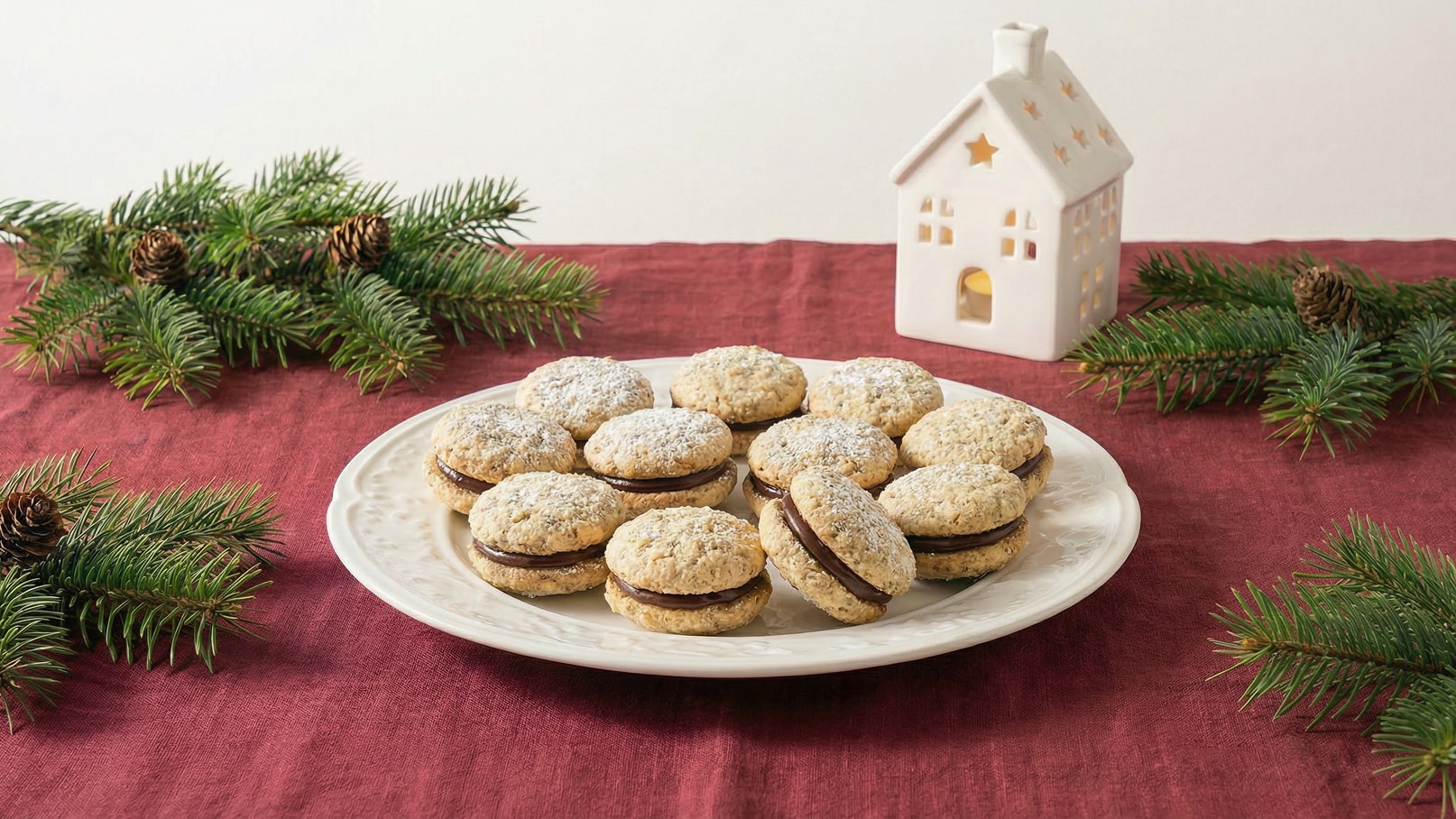 Auf einem weißen Teller liegen mehrere Kekse, die mit Puderzucker bestreut und mit Schokolade gefüllt sind. Sie sind auf einem rot gefärbten Tisch platziert, umgeben von Tannenzweigen und einer kleinen, weißen Kerzenlaterne in Form eines Hauses.