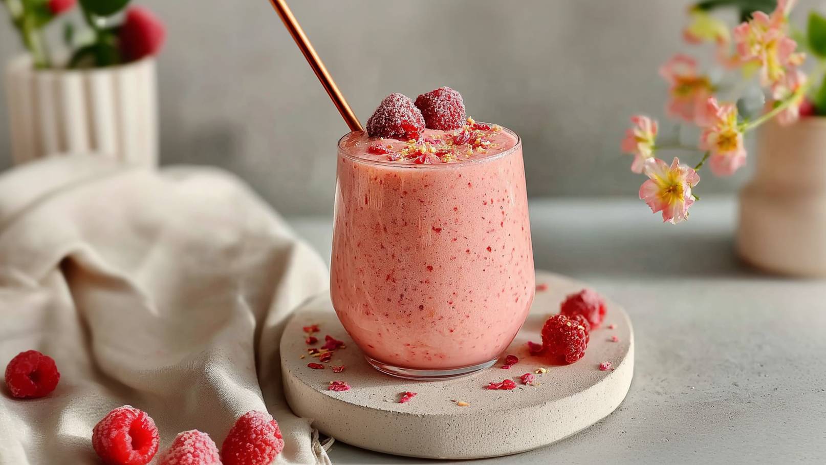 Ein Glas mit einem rosa Smoothie steht auf einem runden Untersetzer. Der Smoothie ist mit frischen Himbeeren und essbaren Blüten dekoriert. Im Hintergrund sind eine dezent strukturierte Tischdecke und eine kleine Pflanzenvase zu sehen.