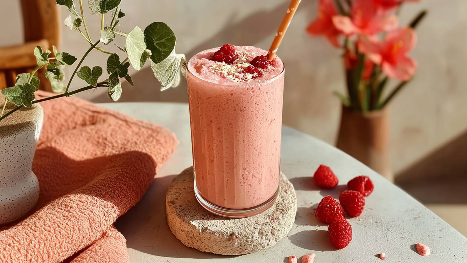 Ein rosa Smoothie, dekoriert mit Himbeeren und einem Strohhalm, steht auf einem Steinsockel. Im Hintergrund liegt ein orangefarbenes Handtuch. Einige Himbeeren liegen verstreut auf dem Tisch. Eine Pflanze ist ebenfalls sichtbar, was eine frische Atmosphäre vermittelt.