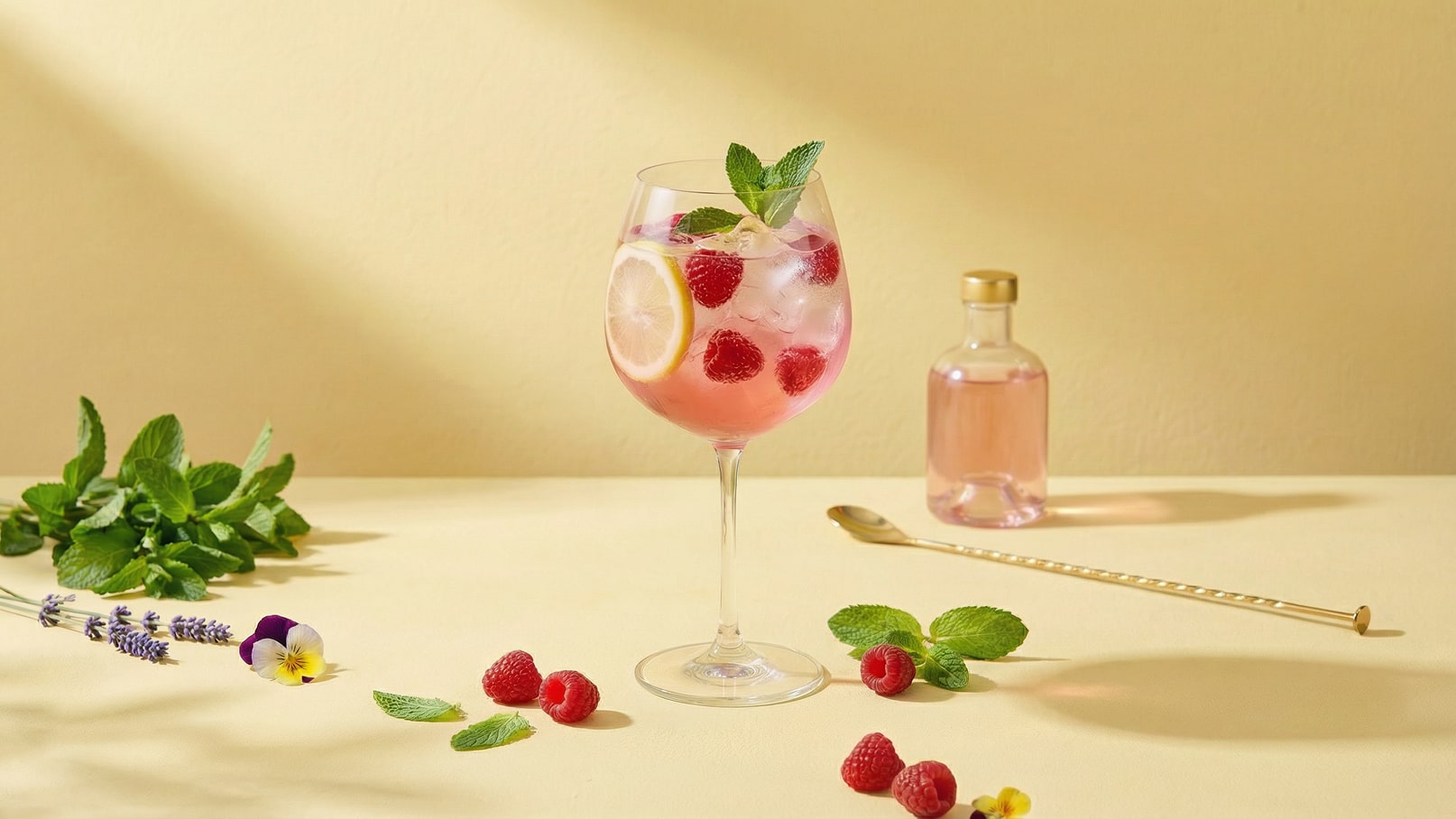 Ein elegantes Glas mit einem pinken Getränk, garniert mit frischen Himbeeren und einem Zitronenscheibe, steht auf einem gelben Tisch. Neben dem Glas liegen einige frische Minzblätter und Himbeeren, sowie eine kleine, gefüllte Flasche und ein goldfarbener Trinkhalm.