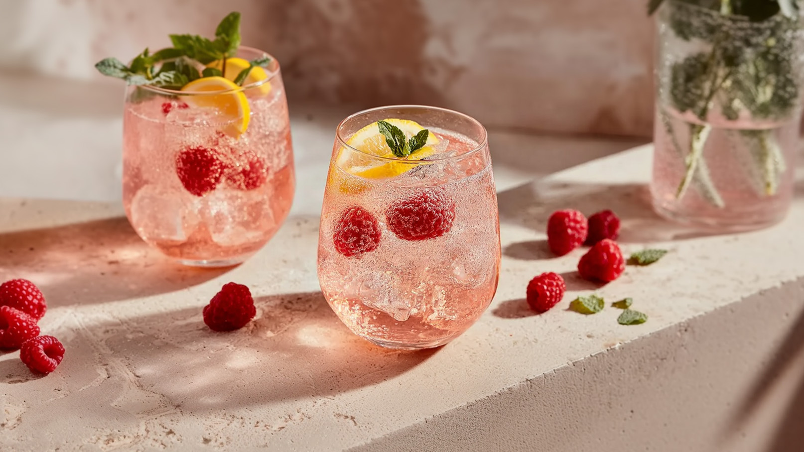 Zwei Gläser mit einem sprudelnden, rosafarbenen Getränk sind auf einem hellen Tisch platziert. Die Gläser sind mit Eiswürfeln, frischen Himbeeren und Zitronenscheiben garniert. Einige Himbeeren und Minzblätter liegen verstreut auf dem Tisch.