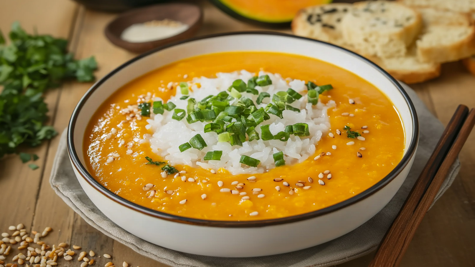 Eine Schüssel mit cremiger Kürbissuppe, die mit Reis und frischen, gehackten Frühlingszwiebeln garniert ist. Einige Sesamsamen sind über die Suppe gestreut. Die Schüssel steht auf einem neutralen Untergrund, umgeben von frischen Kräutern und etwas Brot.