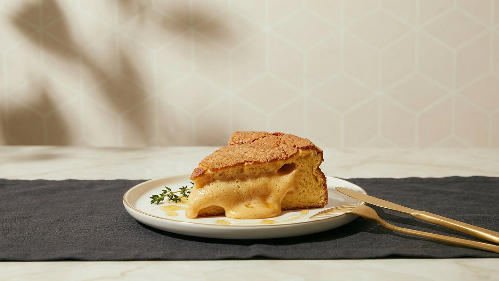 Ein Stück Kuchen auf einem weißen Teller, mit einer goldenen Gabel und einem Messer daneben. Der Kuchen hat eine goldbraune Oberfläche und ist innen weich und cremig. Im Hintergrund ist ein dezentes, geometrisches Muster zu sehen.