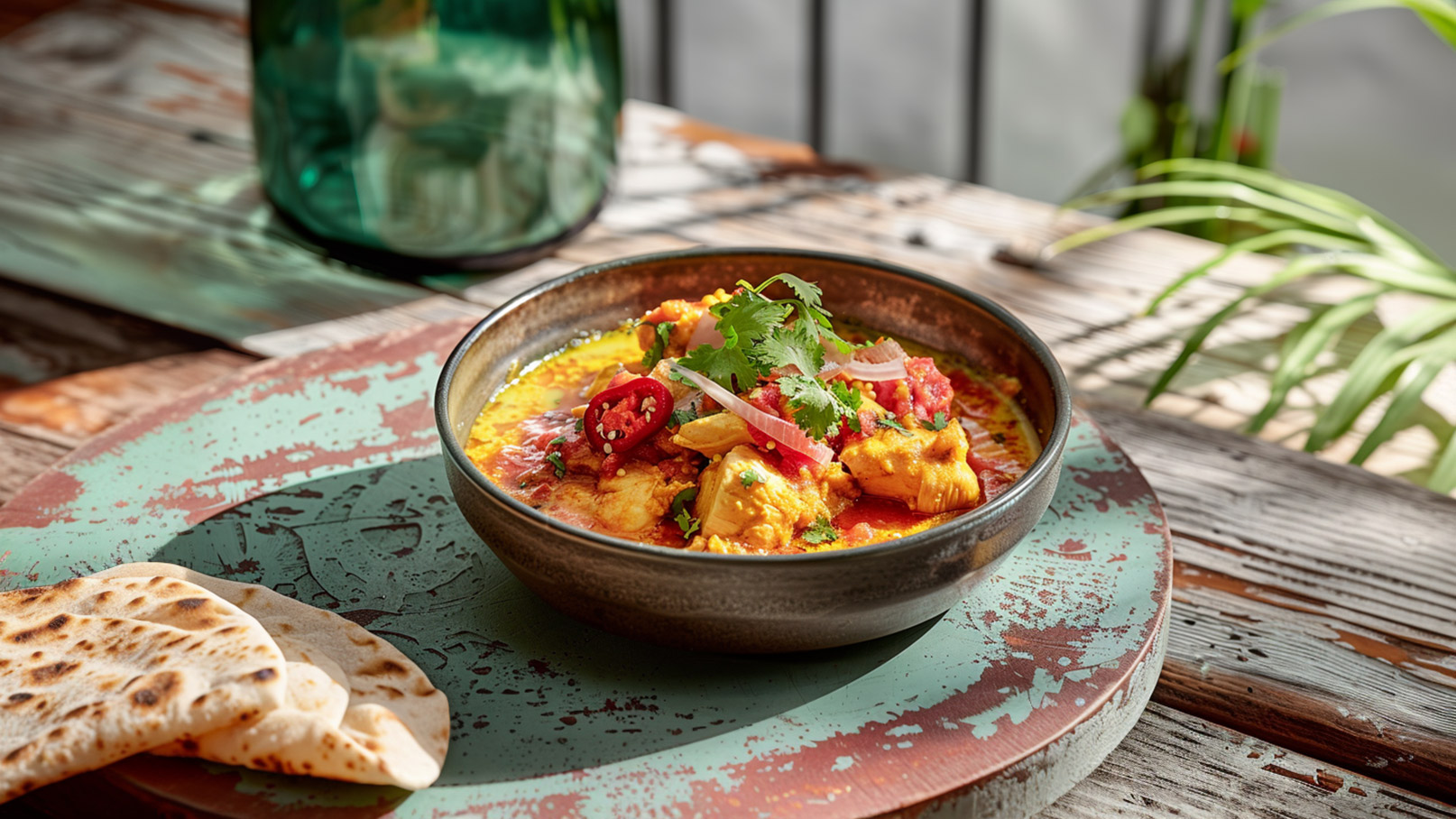 Ein tiefer Teller mit einem bunten Gericht, das Stücke von Hähnchen, Tomaten und Gewürzen enthält. Frische Korianderblätter und geschnittene Chillischoten dekorieren die Oberfläche. Neben dem Teller liegen einige Fladenbrote auf einem rustikalen Tisch.