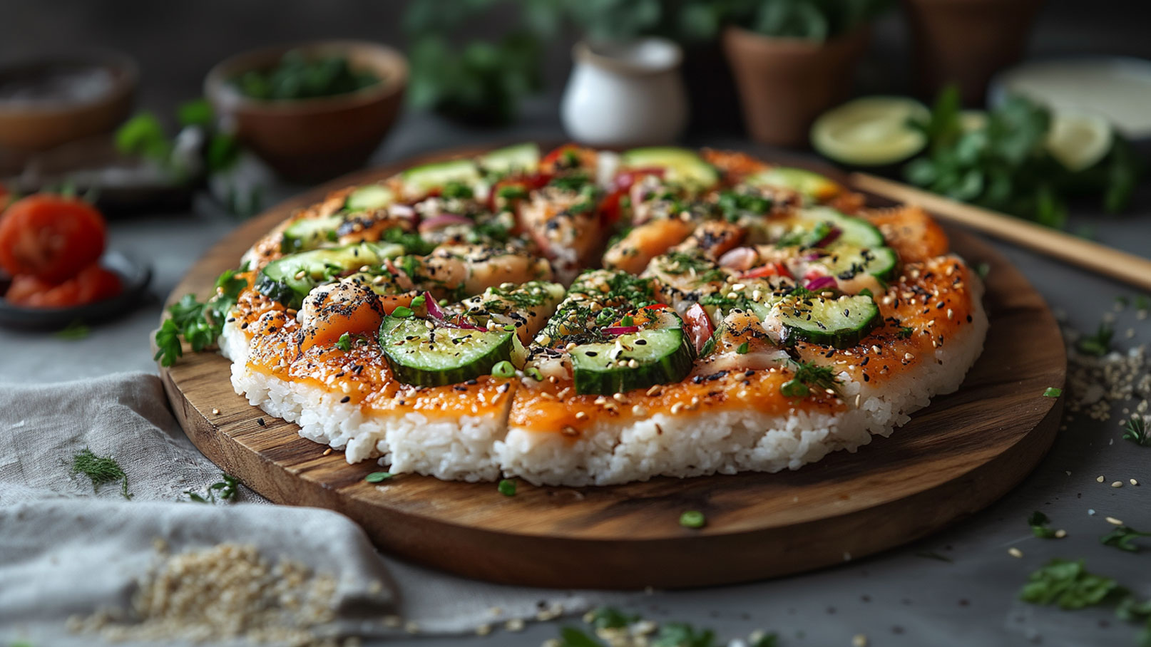 Ein runder, flacher Sushi-Boden, belegt mit frischem Lachs, Gurkenscheiben und buntem Gemüse. Der Belag ist mit Sesam und frischen Kräutern wie Koriander verziert. Das Gericht wird auf einem Holzbrett serviert, umgeben von weiteren Zutaten und Kräutern.