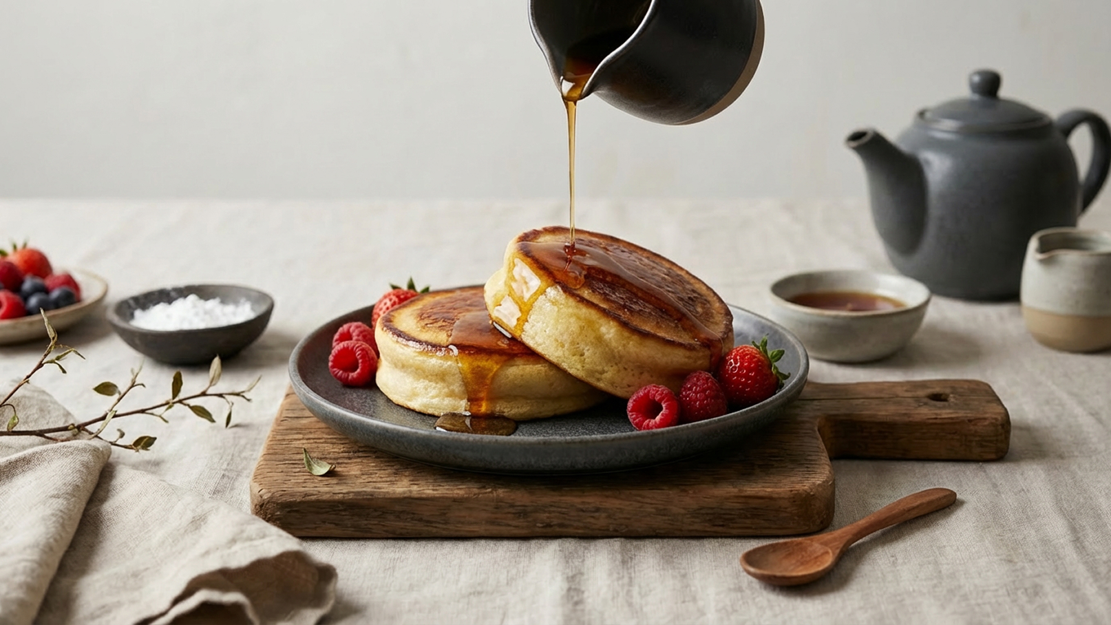 Zwei üppige Pfannkuchen auf einem Teller, umgeben von frischen Himbeeren und Erdbeeren. Ahornsirup wird von einer Kanne über die Pfannkuchen gegossen. Im Hintergrund sind eine Teekanne und einige kleine Schalen zu sehen.