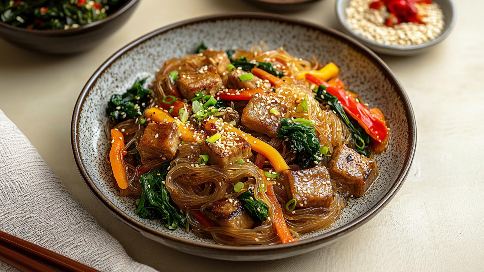 Eine Schale mit gebratenen Glasnudeln, gewürzt mit Gemüse wie Paprika und Spinat, sowie mariniertem Tofu. Das Gericht ist mit Sesamsamen und Frühlingszwiebeln garniert. Im Hintergrund sind zusätzliche Schalen mit anderen Zutaten zu sehen.