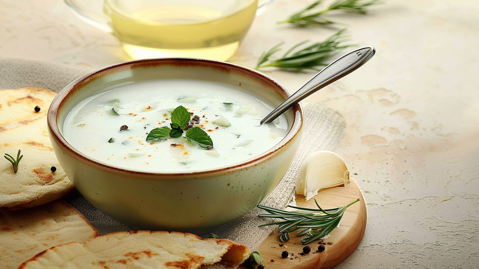 Eine Schüssel mit cremiger Gurkensuppe, garniert mit frischer Minze und Gewürzen. Daneben sind knuspriges Fladenbrot und einige Kräuter wie Rosmarin und Knoblauch zu sehen. Die Suppe hat eine helle Farbe und einen glänzenden, einladenden Look.