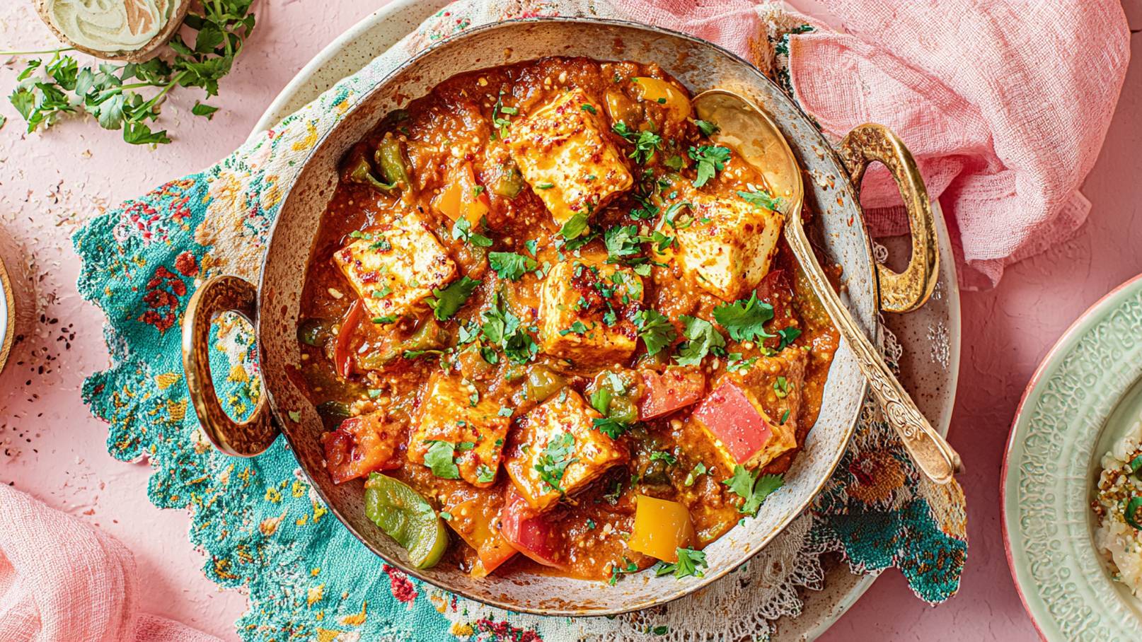 Ein schwarzer Schüssel mit einer würzigen Tomatensauce, in der sich Stücke von Paneer und grüne Erbsen befinden. Das Gericht ist mit frischem Koriander garniert. Im Hintergrund sind Beilagen wie Zwiebeln und frisches Gemüse zu erkennen.