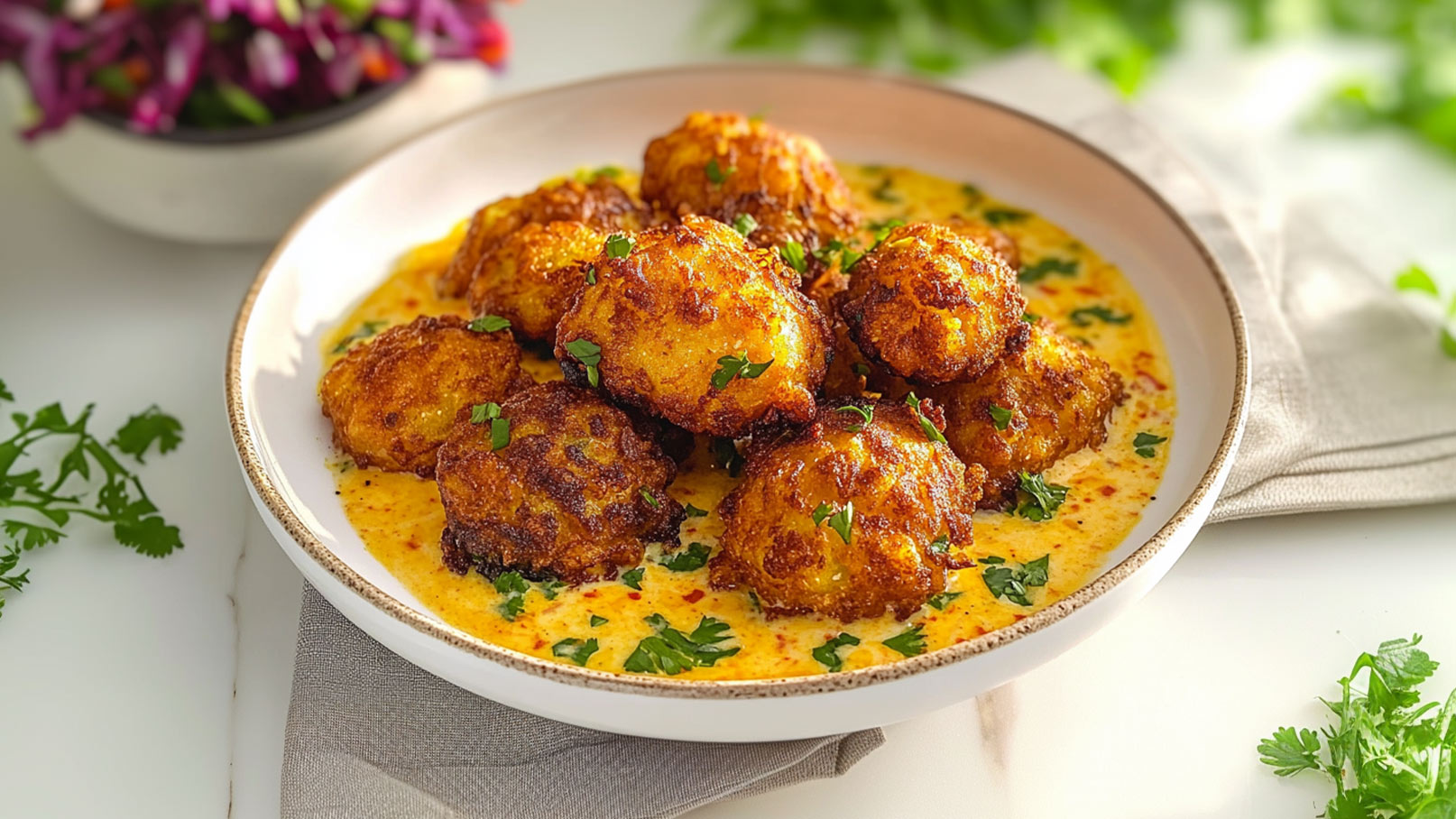 Eine Schüssel mit goldbraunen, knusprigen Köttbullar, die auf einer cremigen Sauce serviert sind. Die Köttbullar sind mit frischem Koriander bestreut, während die Sauce eine leichte rote Färbung aufweist. Im Hintergrund ist ein verschwommener Blumenstrauß sichtbar.