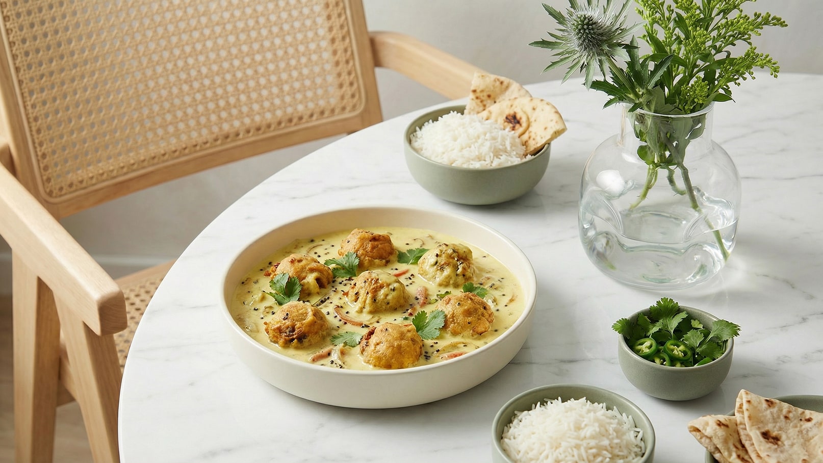 Eine Schüssel mit indischem Gericht, das aus Bällchen in einer cremigen Sauce besteht, ist im Vordergrund zu sehen. Daneben befinden sich Reis, frische Kräuter und Fladenbrot, das auf einem runden Tisch serviert wird. Ein Vase mit Kräutern steht ebenfalls auf dem Tisch.