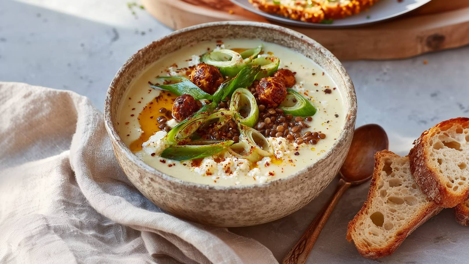 Eine Schüssel mit cremiger Suppe, garniert mit grünen Zwiebeln, Linsen und kleinen Knödeln. Die Suppe hat eine goldene Ölschicht obendrauf. Nebendran liegen geröstete Brotscheiben.