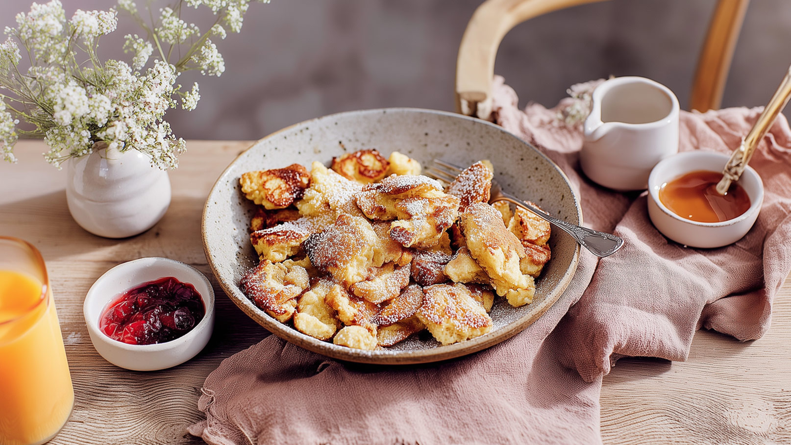 Ein großer Teller mit gebratenen, goldbraunen Stückchen von Kaiserschmarrn, bestreut mit Puderzucker. Daneben befinden sich kleine Schalen mit Marmelade und Honig sowie ein Glas Orangensaft. Eine Vase mit kleinen weißen Blüten ist im Hintergrund sichtbar.