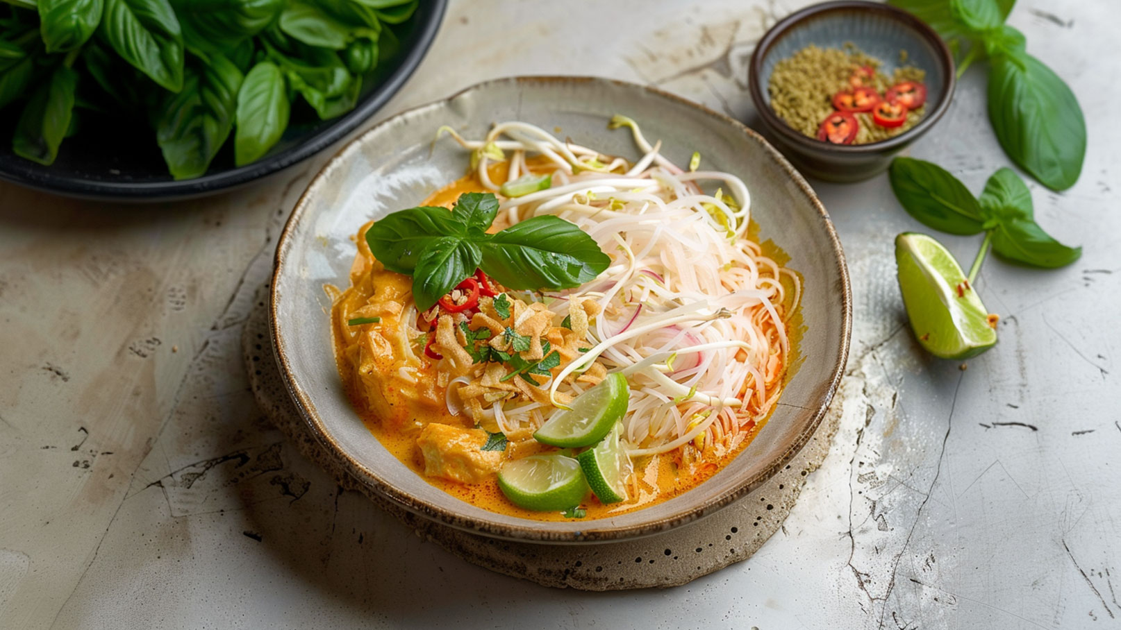 Eine Schüssel mit asiatischen Nudeln in einer cremigen Sauce, garniert mit frischem Basilikum, roten Chilischoten, Erdnüssen und Limettenscheiben. Die Nudeln sind mit Alfalfa-Sprossen und frischen Kräutern dekoriert, alles angerichtet auf einem rustikalen Teller.