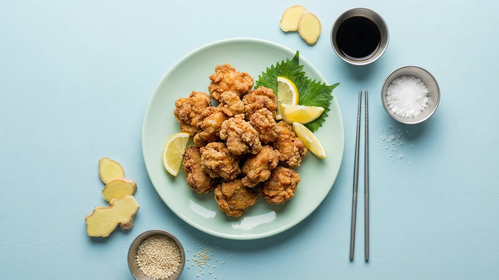 Ein Teller mit knusprig gebratenem Hühnchen, umgeben von Zitronenscheiben und etwas frischem Blattgemüse. Neben dem Teller liegen ein paar Scheiben Ingwer und Schälchen mit Sojasauce, Salz und Sesam. Essstäbchen sind ebenfalls auf dem Tisch platziert.