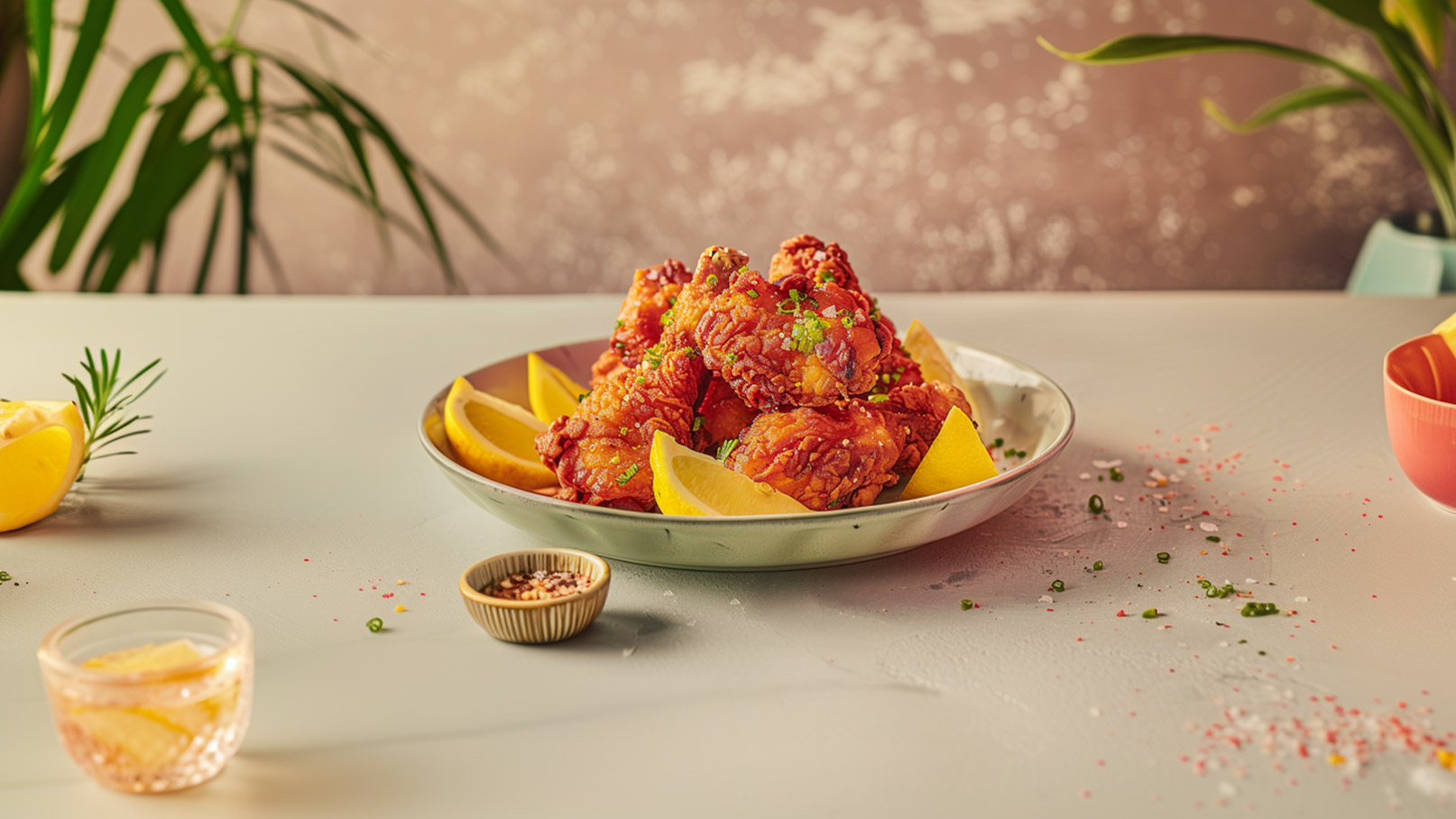 Ein silberner Teller mit knusprigem, frittiertem Hähnchen, das mit frischen Kräutern bestreut ist. Um das Hähnchen liegen mehrere Zitronenscheiben. Im Hintergrund sind Unschärfen von Pflanzen und Tabletts zu sehen.
