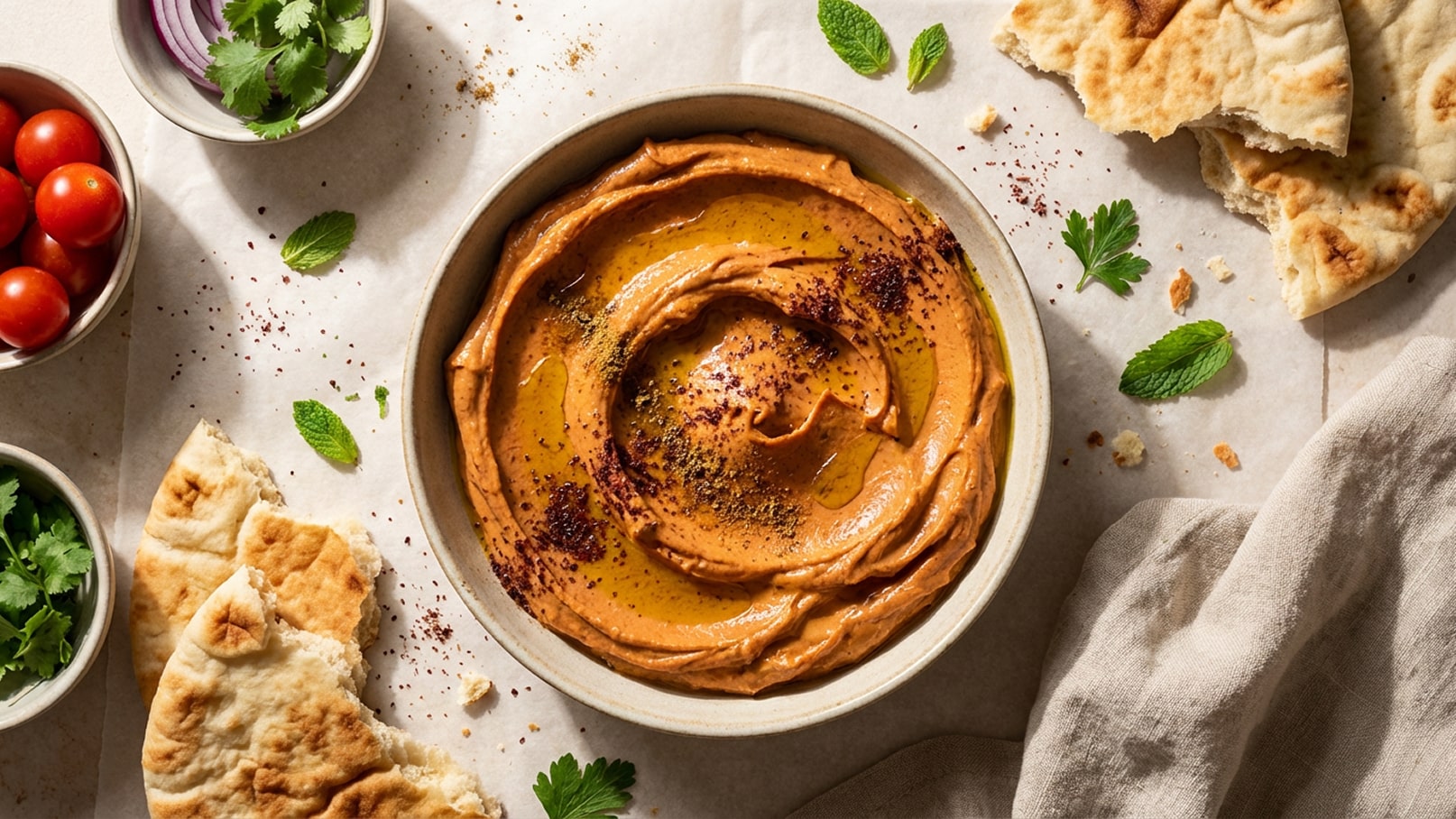 Eine Schüssel mit cremigem Hummus, garniert mit Olivenöl und Gewürzen, steht im Mittelpunkt. Um die Schüssel liegen frisches Fladenbrot, Kirschtomaten und frische Kräuter wie Koriander und Minze. Die Anordnung vermittelt eine einladende Atmosphäre für eine Mahlzeit.