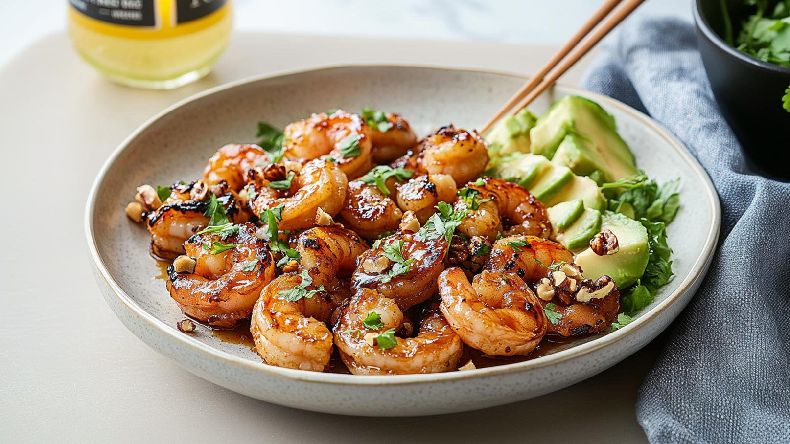 Ein Teller mit gebratenen Garnelen, bestreut mit frischem Koriander und gerösteten Nüssen. Neben den Garnelen befinden sich Avocado-Scheiben und ein Bett aus Salat. Der Hintergrund ist hell und dezent, und es sind keine weiteren störenden Elemente sichtbar.