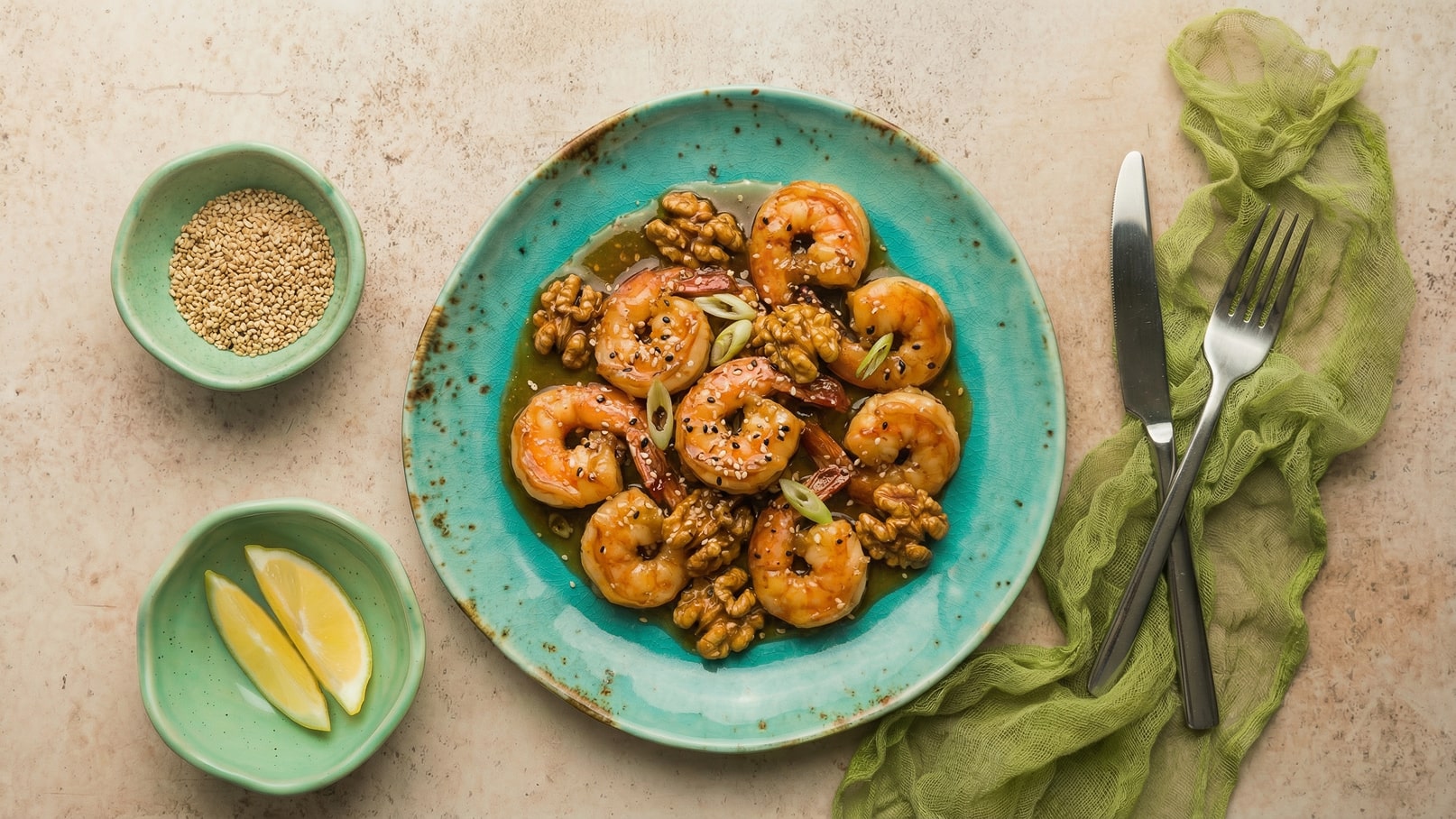 Ein Teller mit geschmorter Garnele, umgeben von Walnüssen und dekoriert mit Frühlingszwiebeln. Dazu kleine Schalen mit Sesamsamen und Zitronenscheiben. Der Teller hat eine türkisfarbene Unterlage.