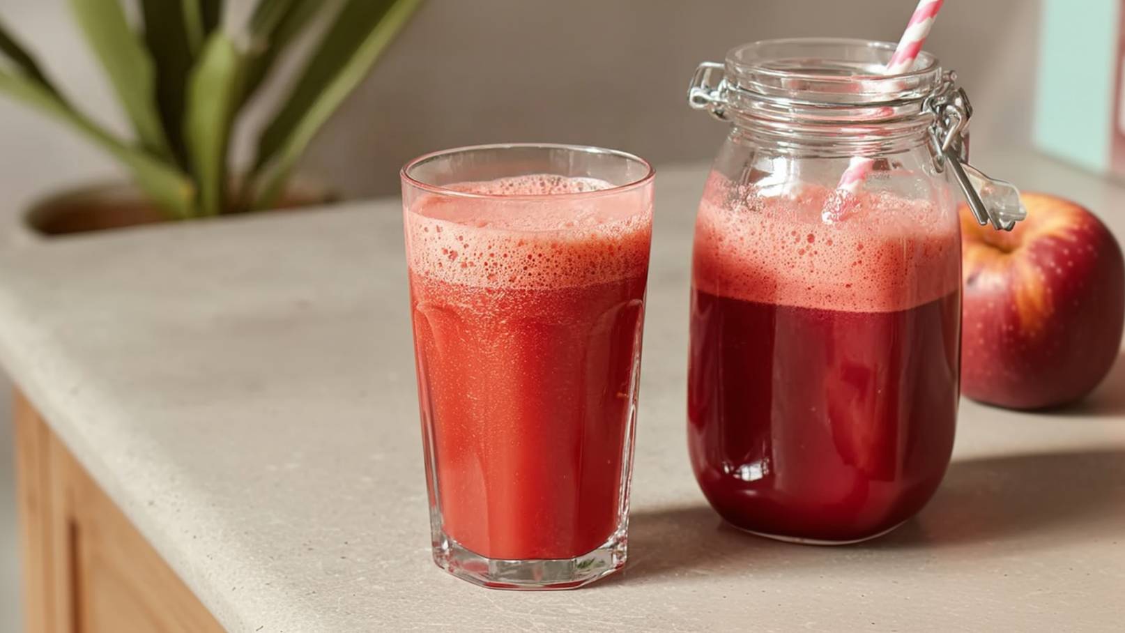 Zwei Gläser roter Saft stehen auf einer grauen Küchenarbeitsplatte. Ein Glas ist gefüllt, das andere ist eine große Glasflasche mit einem Trinkhalm. Im Hintergrund ist ein roter Apfel sichtbar.
