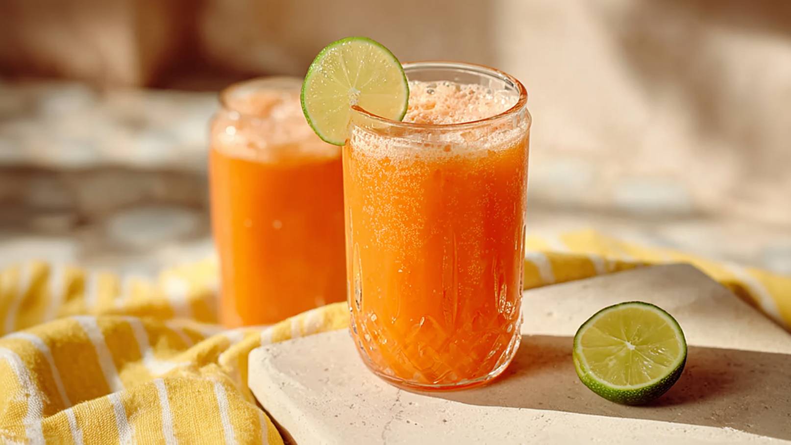 Zwei Gläser mit orangefarbenem Getränk stehen auf einem Tisch. Eines der Gläser ist mit einer Limettenscheibe dekoriert. Neben den Gläsern liegt eine halbierte Limette. Ein gestreiftes, gelbes Tuch ist im Hintergrund sichtbar.