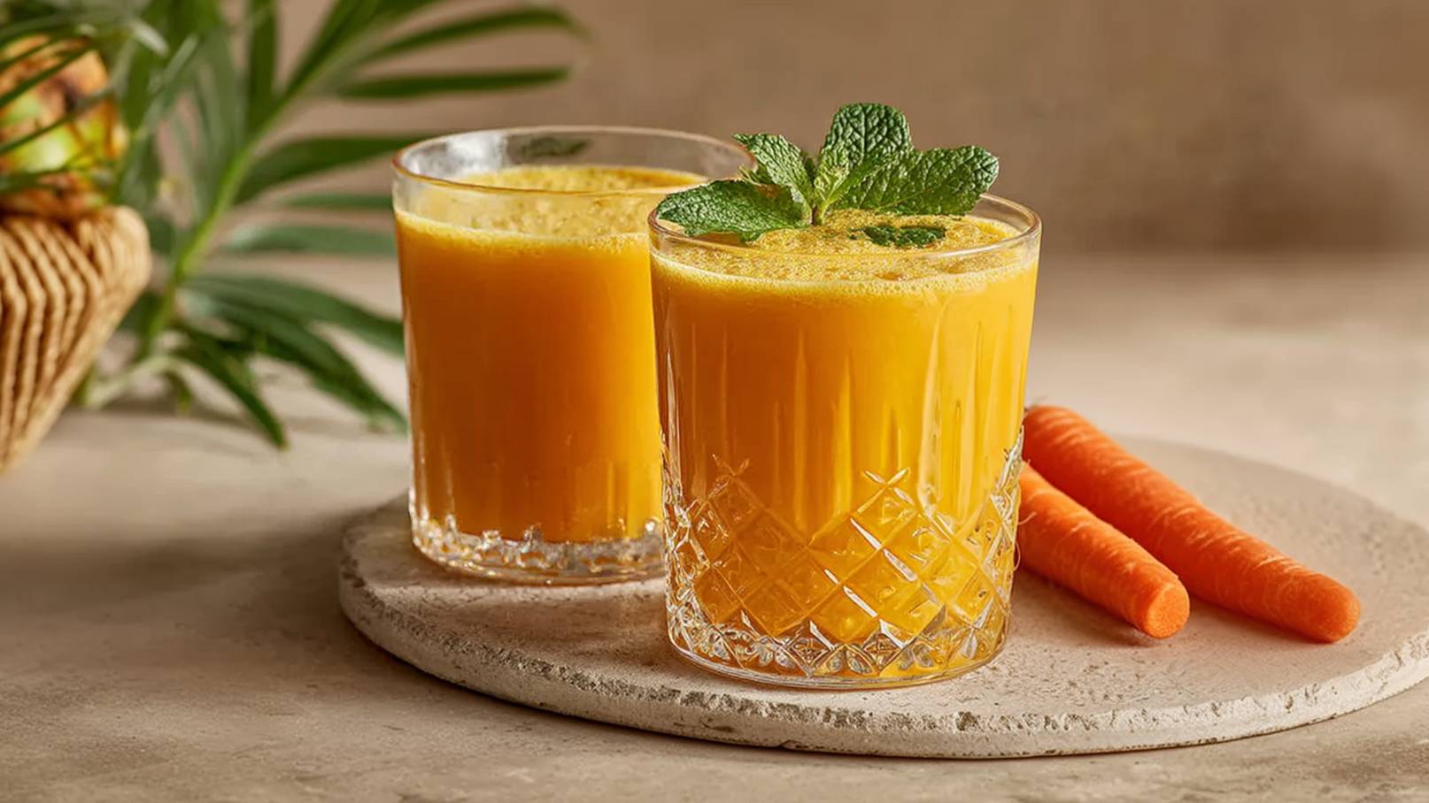 Zwei Gläser frisch gepresster Karottensaft stehen auf einem runden, hellen Untersetzer. Die leuchtend orange Farbe des Saftes wird durch frische Minzblätter, die atop eines der Gläser liegen, ergänzt. Neben den Gläsern liegen zwei frische Karotten.