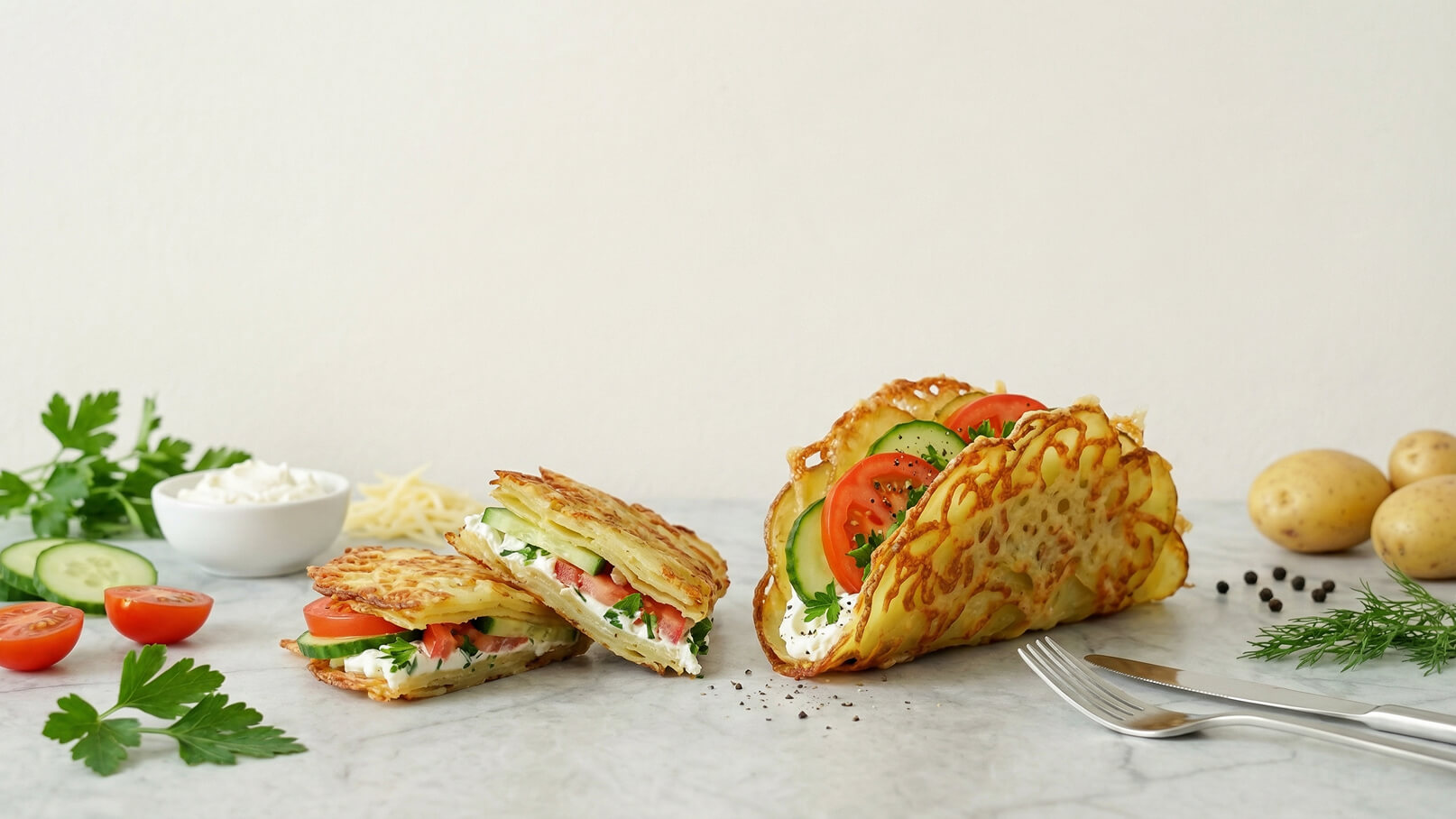 Ein Teller mit zwei herzhaften Kartoffeltaschen, gefüllt mit frischen Tomaten, Gurken und Kräutern. Eine der Taschen ist aufgeschnitten, während nebenan eine ganze Tasche steht. Im Hintergrund sind Kartoffeln und Kräuter zu sehen.