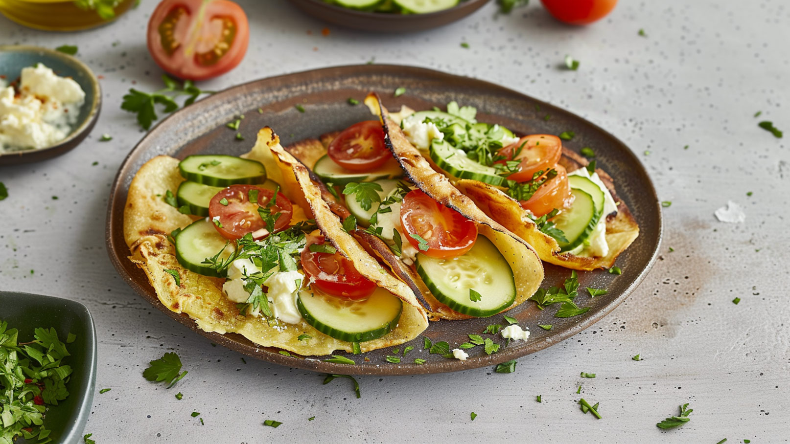 Ein Holzbrett mit zwei belegten Snacks. Die Snacks bestehen aus knusprigen Schichten, gefüllt mit frischen Gurken, Tomaten und Kräutern. Darunter ist eine cremige Schicht. Die Toppings sind liebevoll ausgerichtet und verleihen dem Gericht ein ansprechendes Aussehen.