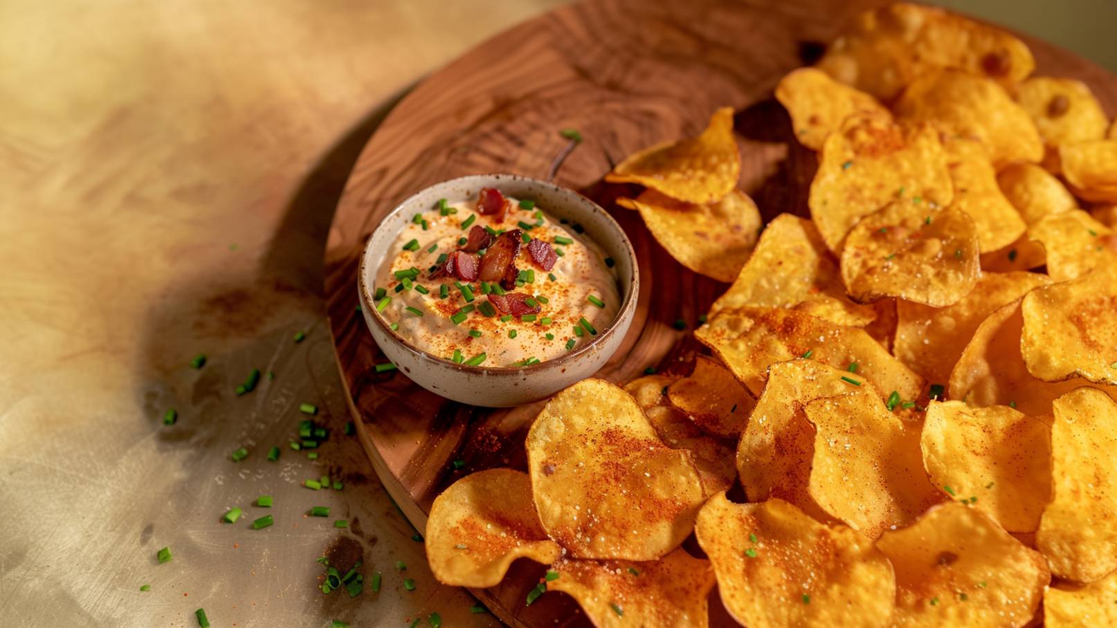 Stell dir eine ansprechende Schüssel vor, gefüllt mit knusprigen, goldbraunen selbstgemachten Chips. Oben auf den Chips liegt ein großzügiger Klecks cremiger Sauerrahm-Speck-Dip, der mit kleinen Speckstückchen verziert ist. Die Schüssel steht auf einem grau-weiß gestreiften Tuch und vermittelt eine gemütliche Atmosphäre.