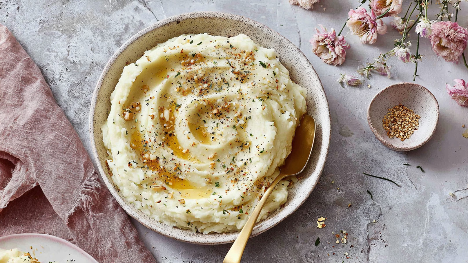 Eine Schüssel mit cremigem, püriertem Kartoffeln, verziert mit Olivenöl, Gewürzen und gehackten Nüssen. Eine goldene Löffel liegt daneben. Der Hintergrund ist schlicht und unauffällig, um die Hauptspeise hervorzuheben.