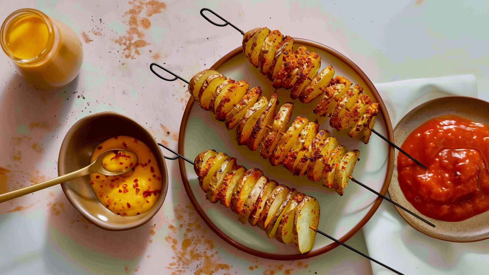 Auf dem Bild sind drei Spiral-Kartoffeln auf Holzspießen zu sehen, angerichtet auf einem Teller. Daneben befindet sich eine Schüssel mit einer gelben Sauce und ein kleiner Teller mit roter Ketchup-Sauce. Der Hintergrund ist leicht unruhig mit Farbklecksen.