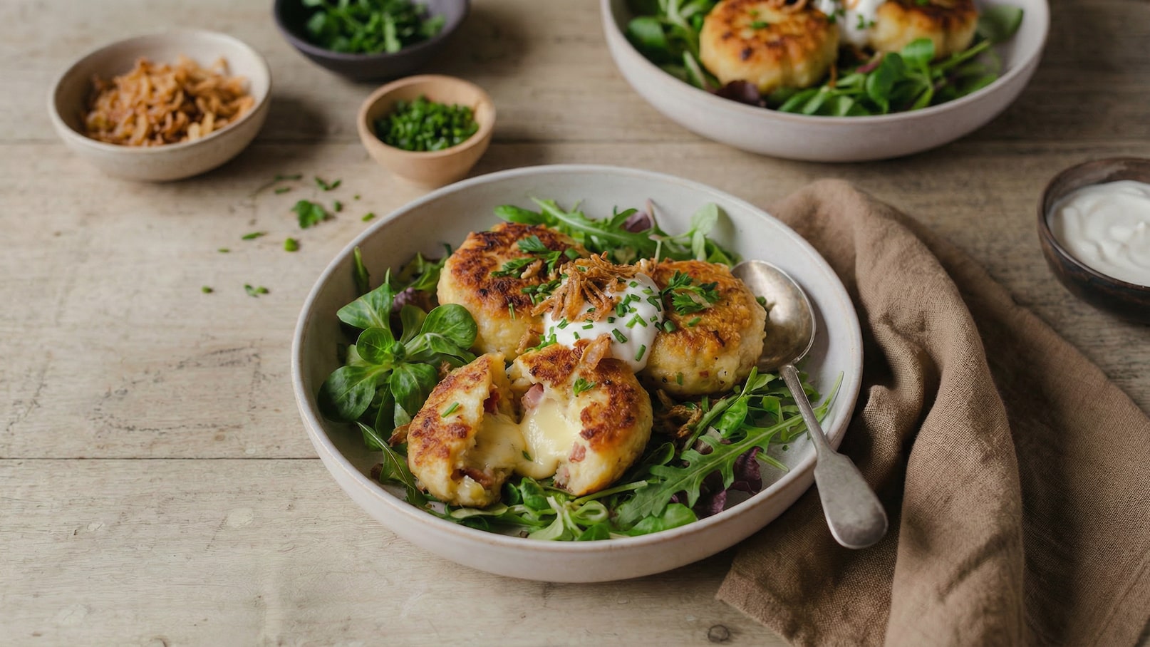 Auf dem Bild sehen wir goldbraun gebratene Kartoffelküchlein, die auf einem Bett aus frischem Salat serviert sind. Die Küchlein sind aufgeschlitzt, sodass geschmolzener Käse sichtbar wird. Darüber ist ein Klecks Sauerrahm und frisch gehackter Schnittlauch. Im Hintergrund sind zusätzliche Beilagen zu sehen.