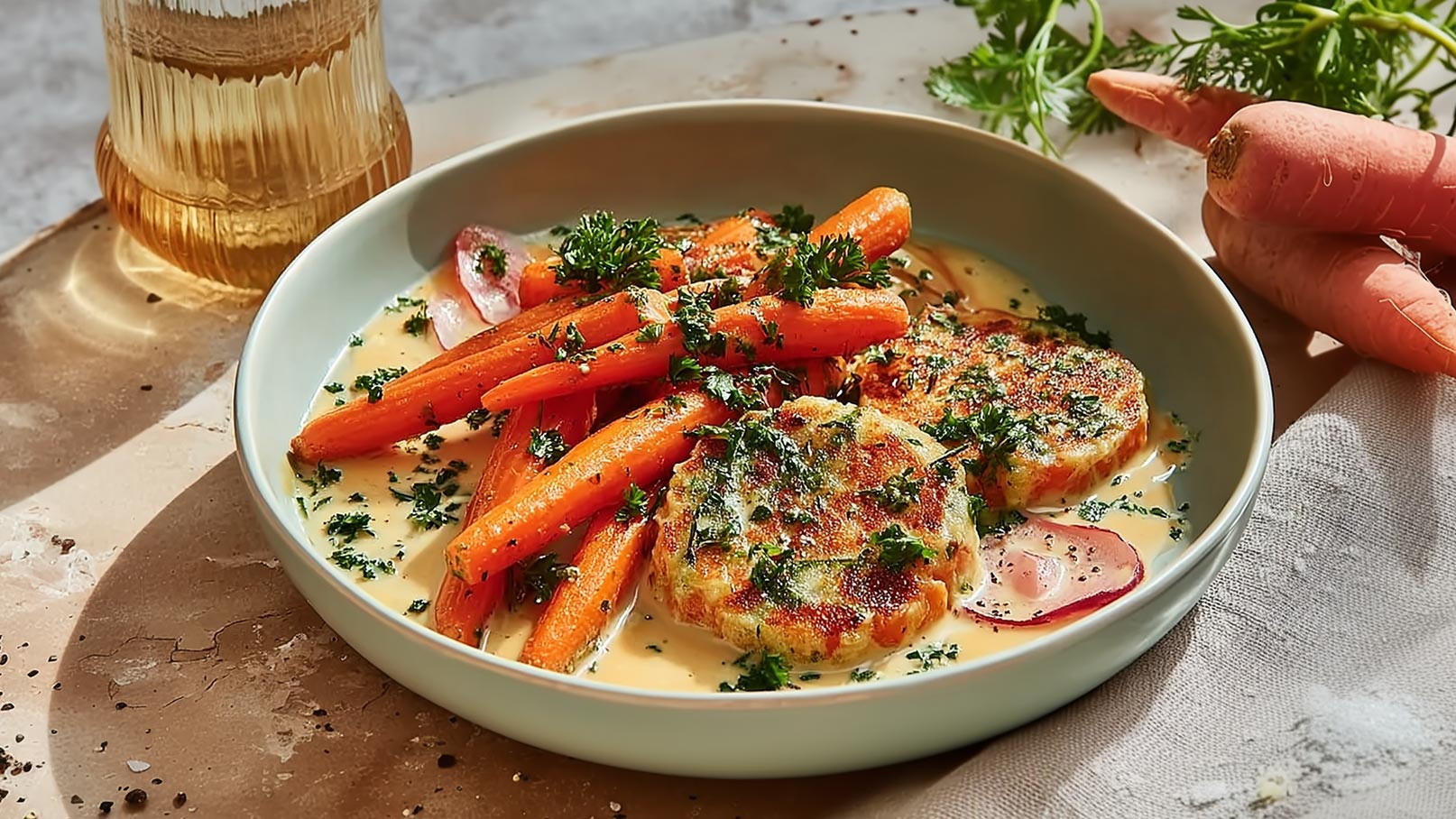 Eine Schüssel mit gebratenen Karotten und Kräutern, serviert mit goldbraunen Puffer. Die Karotten sind in einer cremigen Sauce, die mit frischem Grün garniert ist. Im Hintergrund sind frische, ganze Karotten sichtbar.
