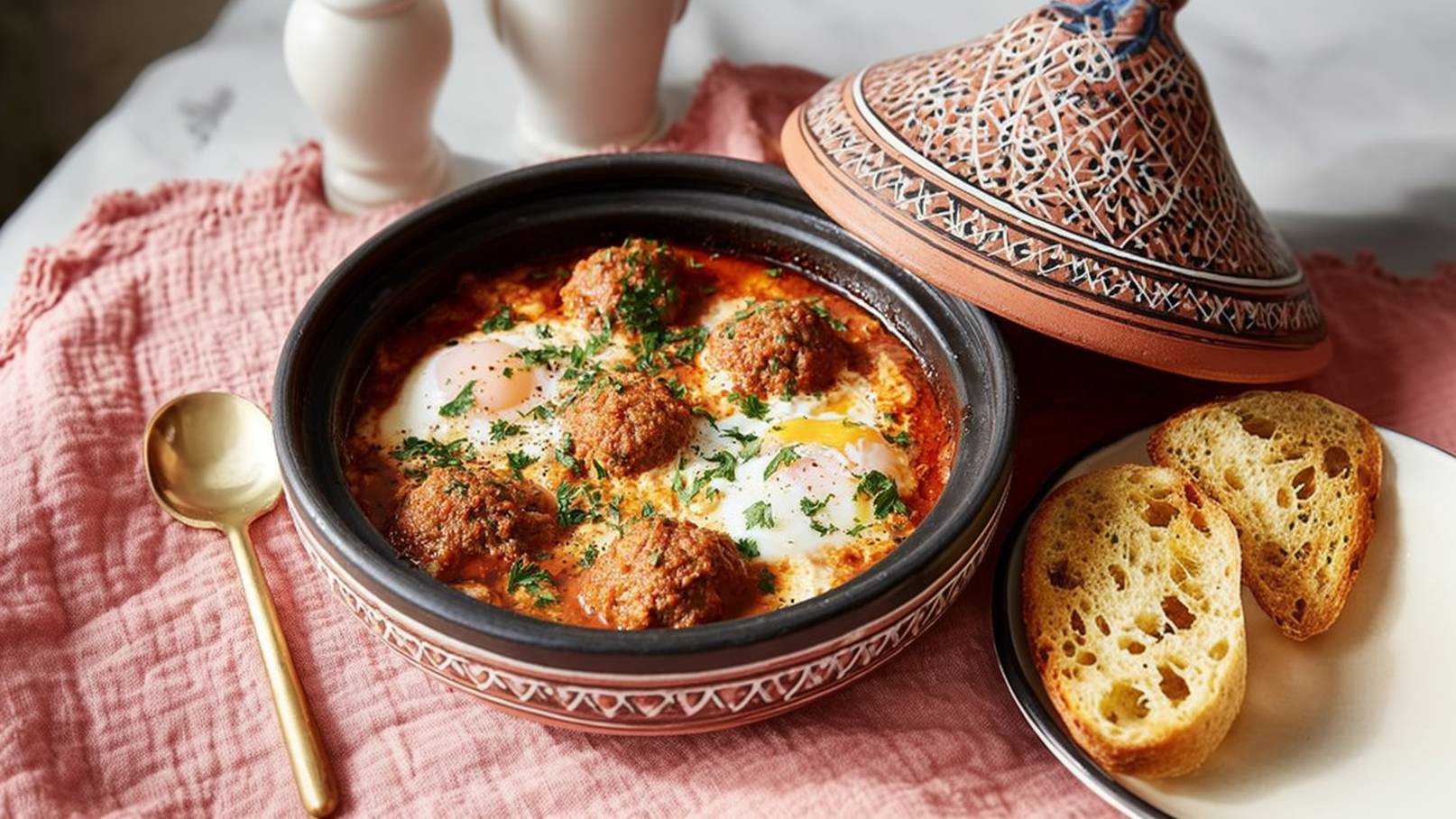 Ein tiefes Schüsselgericht mit zwei saftigen Fleischbällchen in einer würzigen Sauce, garniert mit frischem Koriander und einem halbierten, weichgekochten Ei. Im Hintergrund sind Reis und flaches Brot zu sehen. Die Präsentation ist elegant und einladend.