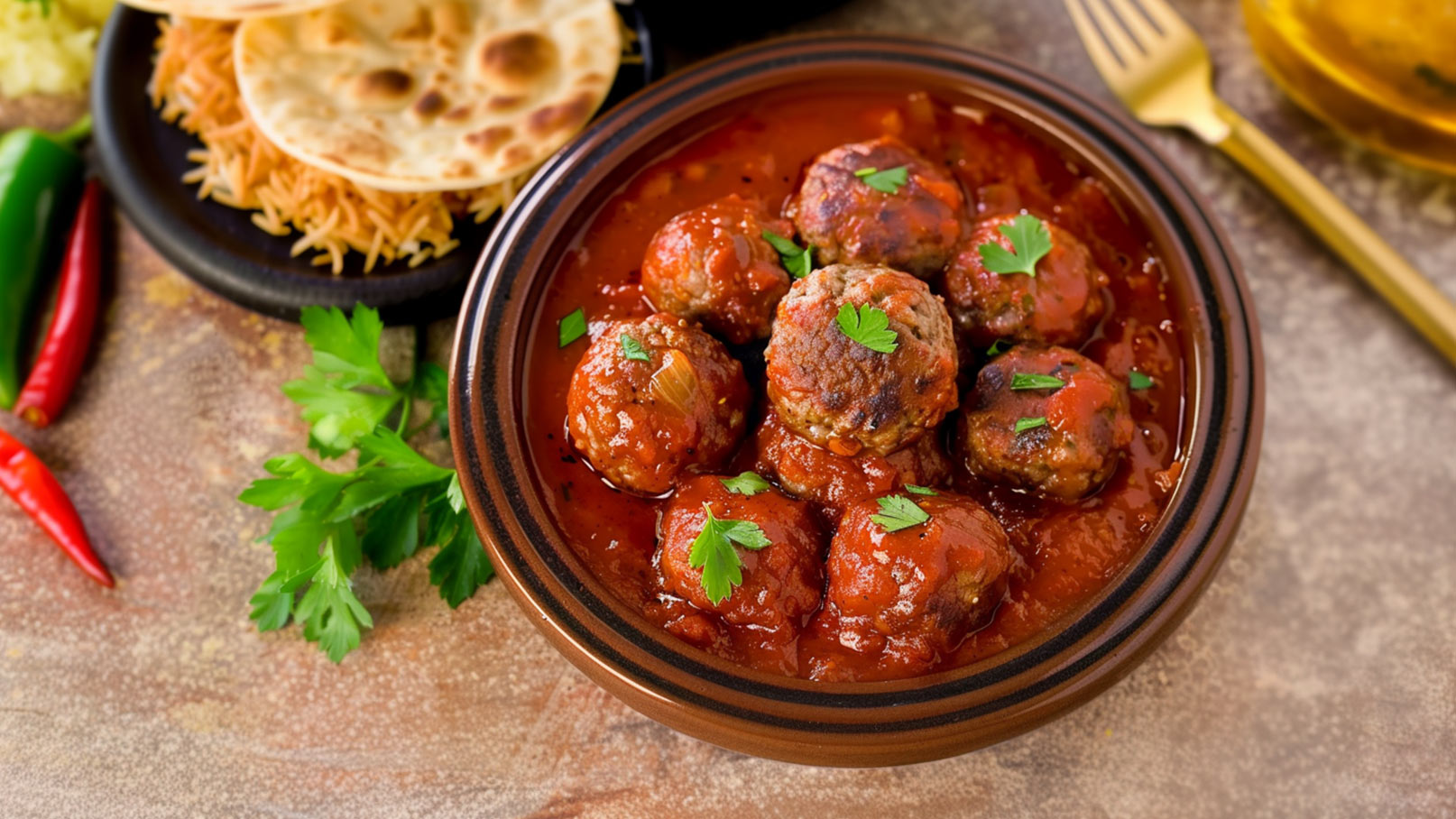 Ein brauner Tonkrug enthält saftige Fleischbällchen in Tomatensauce, garniert mit frischer Petersilie. Im Hintergrund ist ein Teller mit Reis und Fladenbrot zu sehen. Die Szene ist appetitlich und frisch gestaltet.