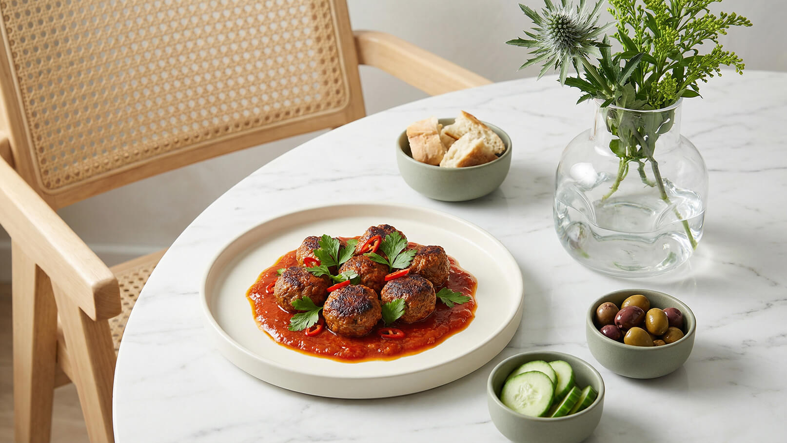 Auf einem runden Teller liegen sechs kleine, braune Fleischbällchen in einer würzigen Tomatensoße, garniert mit frischer Petersilie und roten Chilischoten. Daneben befinden sich Schalen mit Brotstücken, Gurkenscheiben und einer Auswahl von Oliven. Ein kleiner Blumenvase steht auf dem Tisch.