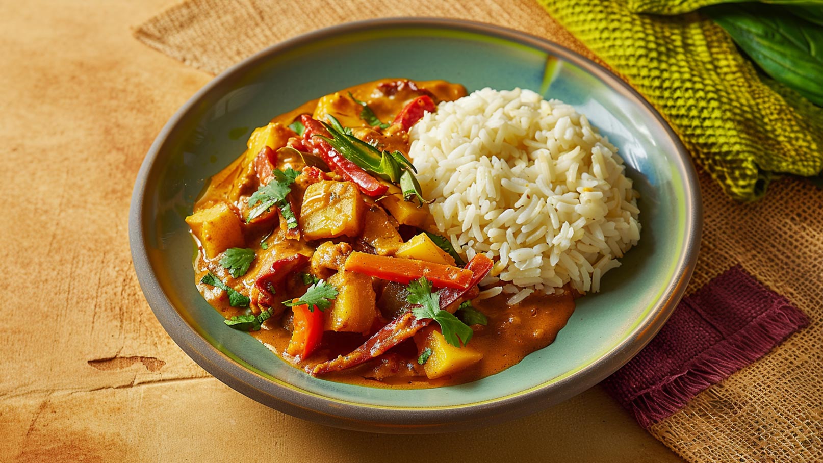 Eine bunte Schüssel mit einem Curry-Gericht, das Stücke von Gemüse wie Paprika und Kürbis enthält, ist auf einem Teller angerichtet. Neben dem Curry liegt ein Portion gekochter Reis. Das Gericht ist mit frischem Koriander garniert.
