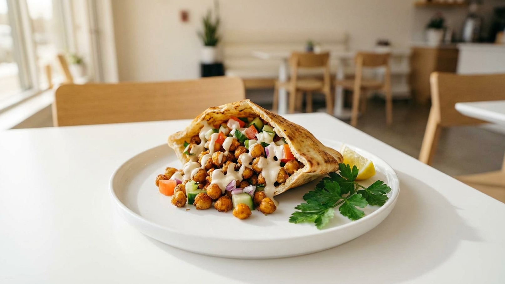 Ein gefülltes Fladenbrot mit Kichererbsen, frischem Gemüse, Saucen und einem Spritzer Zitrone, angerichtet auf einem weißen Teller. Daneben liegt ein Zweig frische Petersilie. Der Hintergrund zeigt eine gemütliche, helle Restaurantatmosphäre.